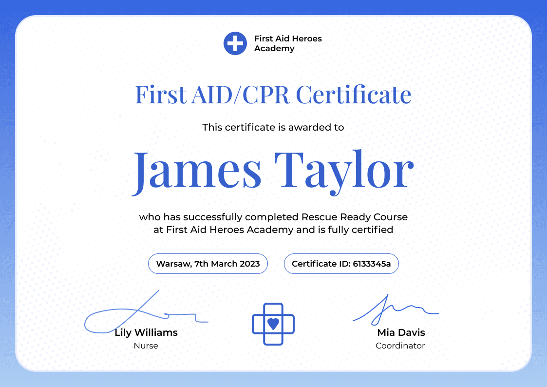 Modern and Professional First-Aid and CPR Certificate Template landscape