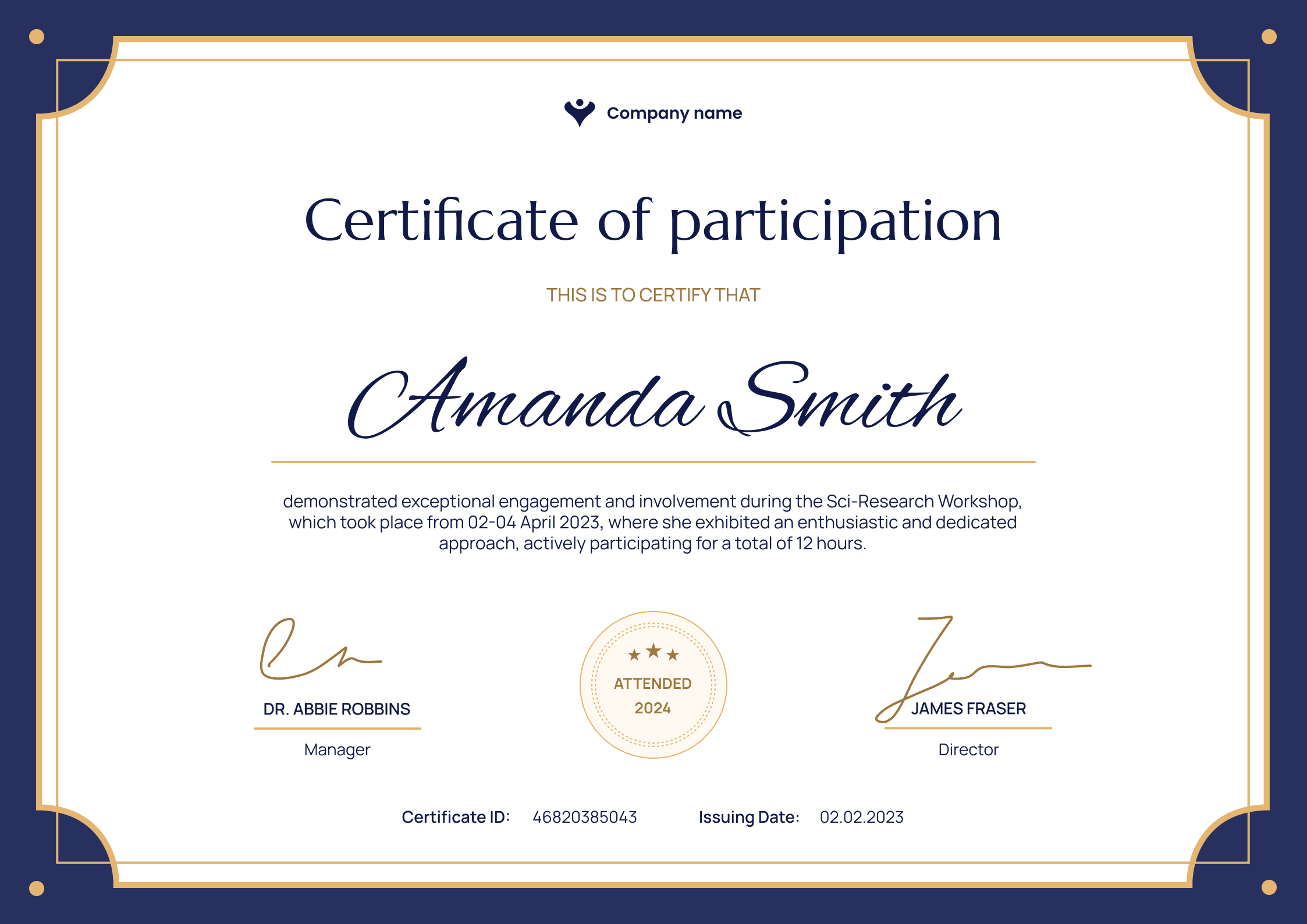 Formal and traditional certificate of participation template landscape