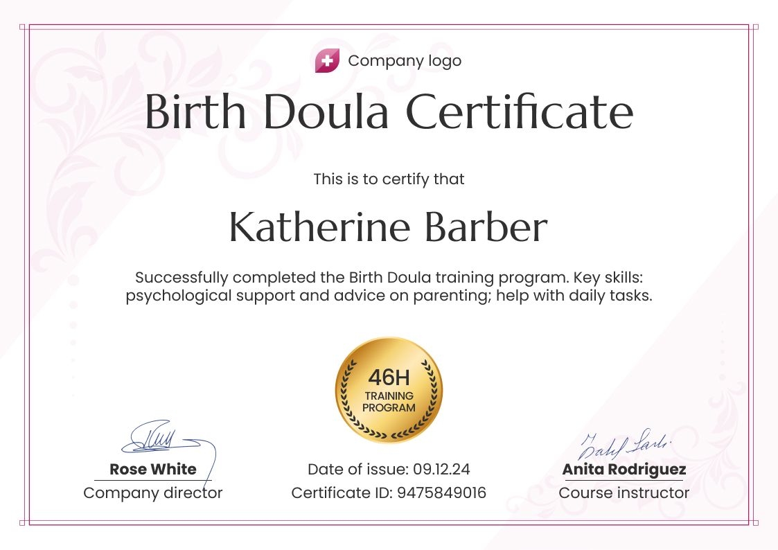 Editable and professional doula certificate template landscape