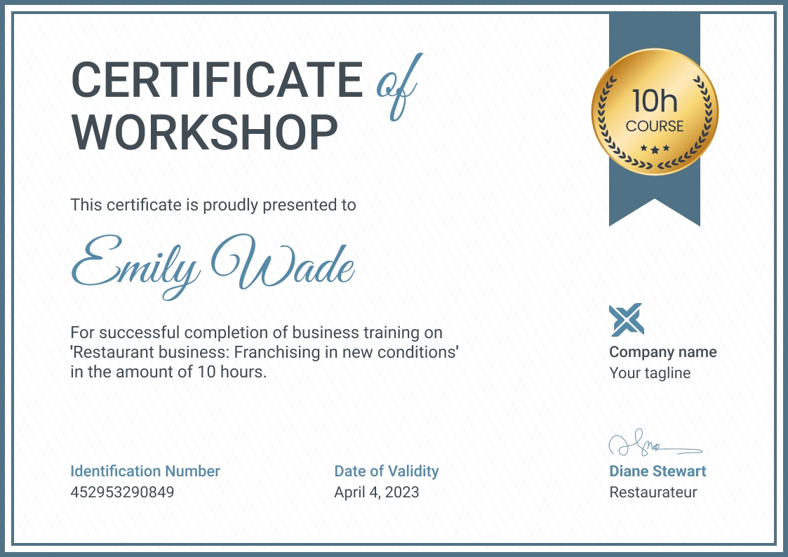 Minimalistic and professional workshop certificate template landscape