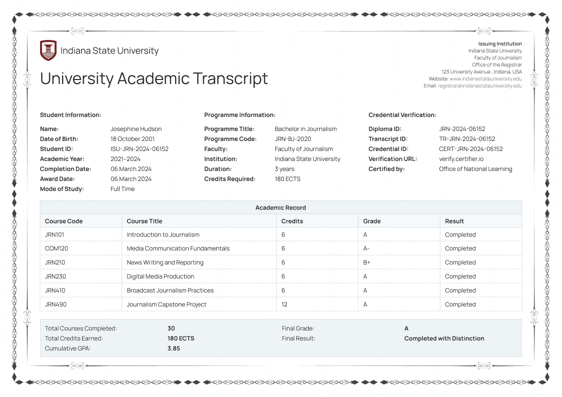 Gray University Academic Transcript image 1