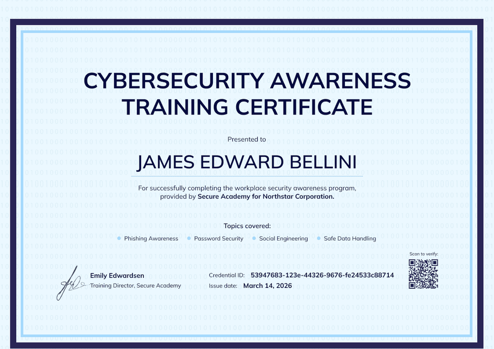 Cybersecurity Awareness Training Certificate