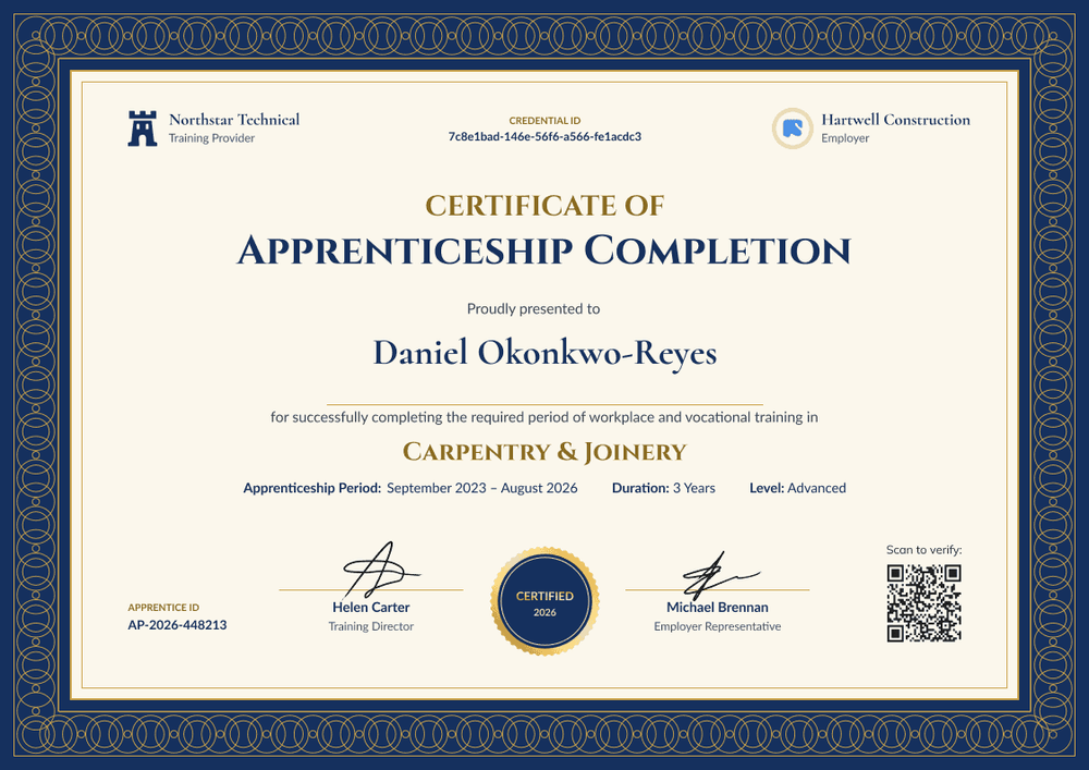 Carpentry Apprenticeship Completion Certificate