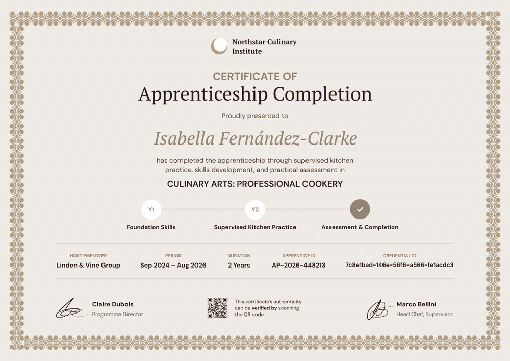 Culinary Apprenticeship Completion Certificate