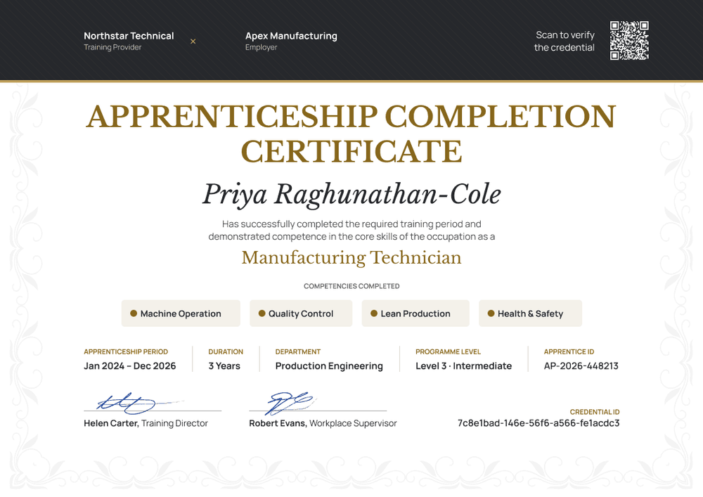 Manufacturing Apprenticeship Completion Certificate