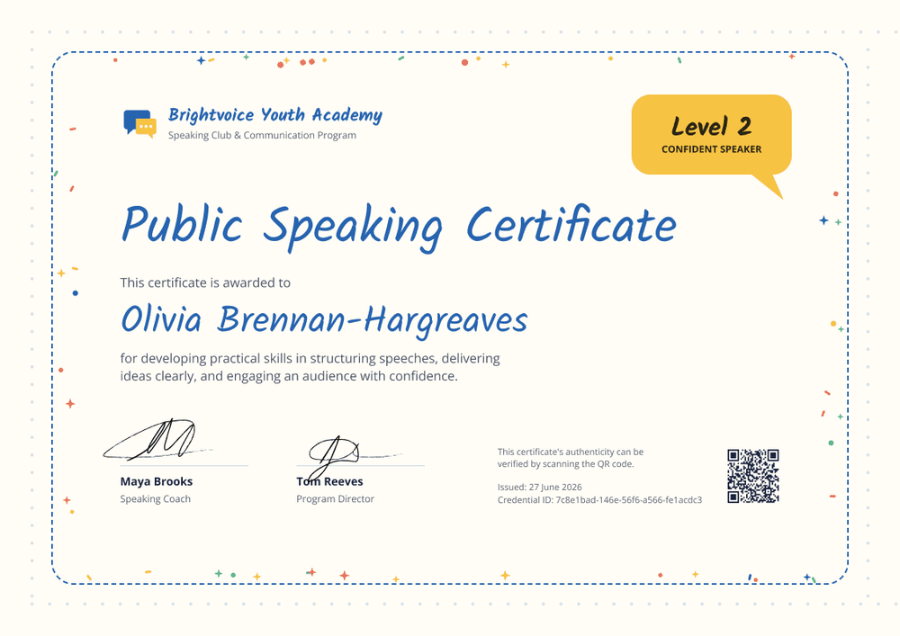 Youth Public Speaking Certificate