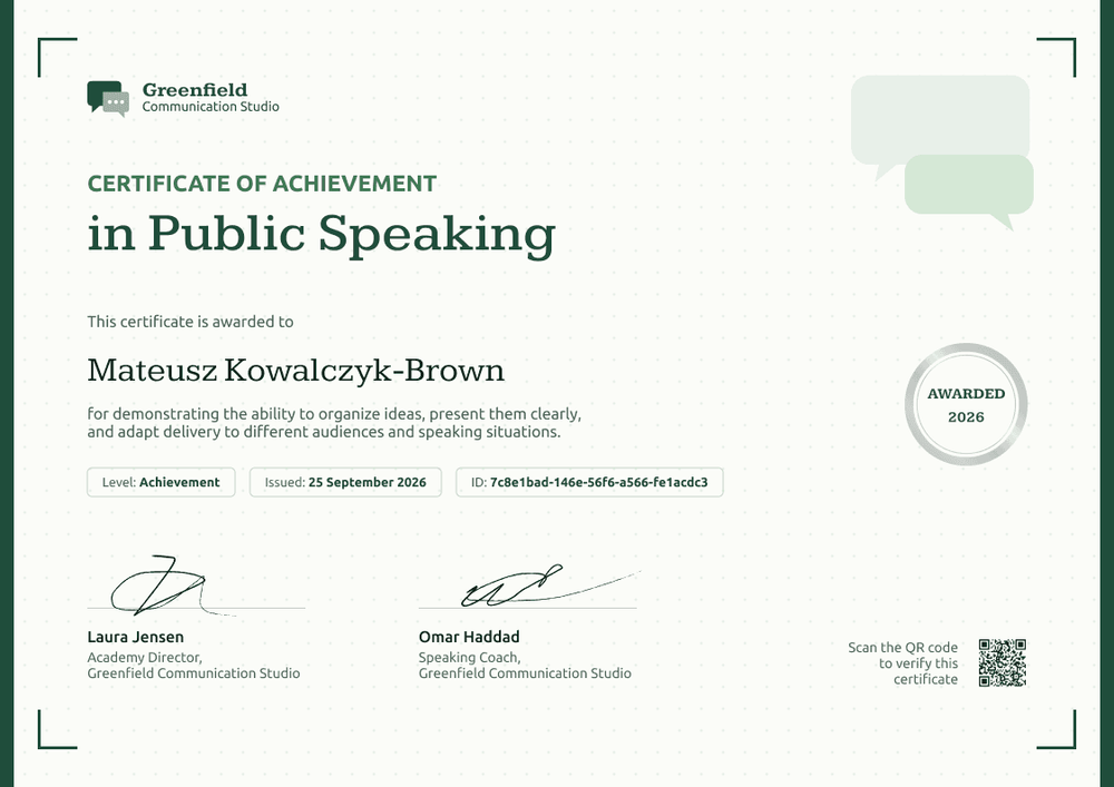 Certificate of Achievement in Public Speaking