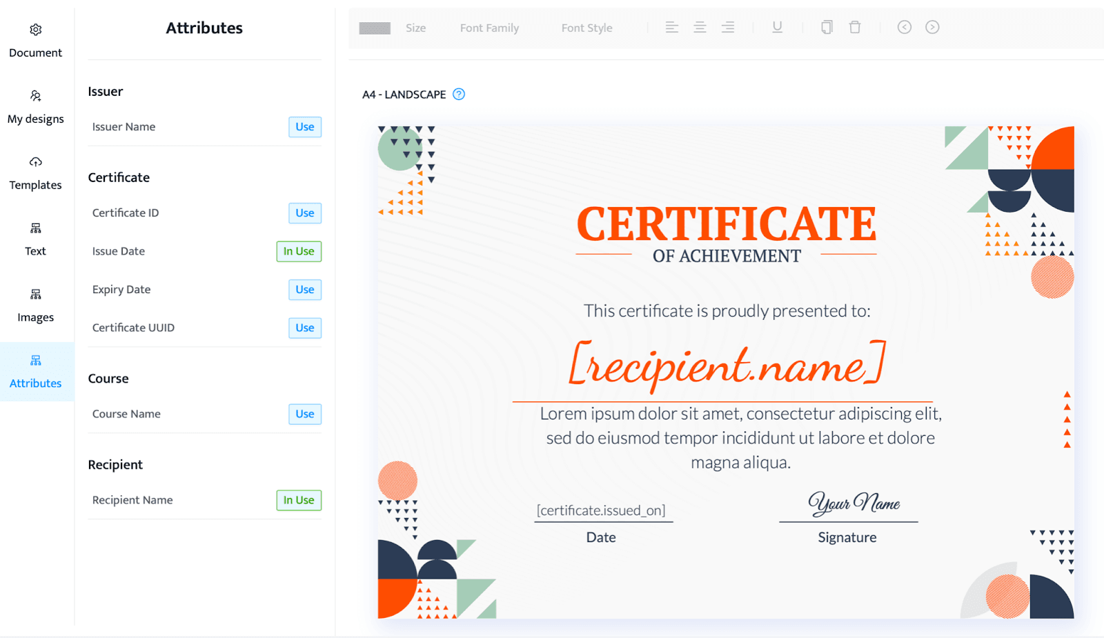 Certificate with custom attributes 