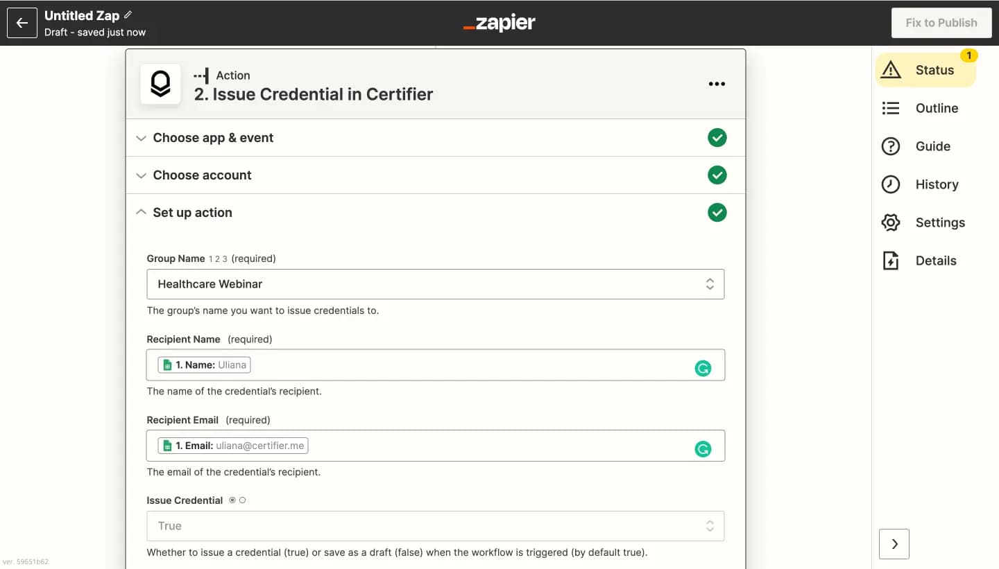 Zapier set up an action