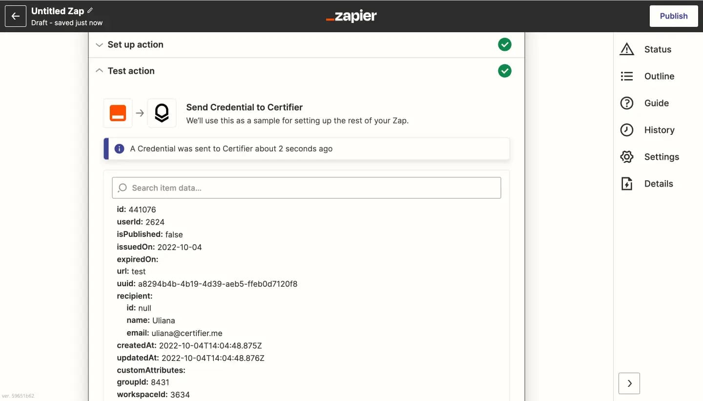 Zapier action test