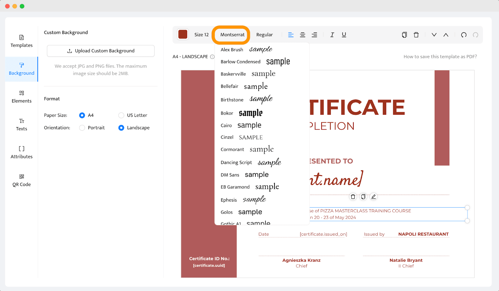 Changing the certificate fonts within the homemade certificate to make it more professional and branded.