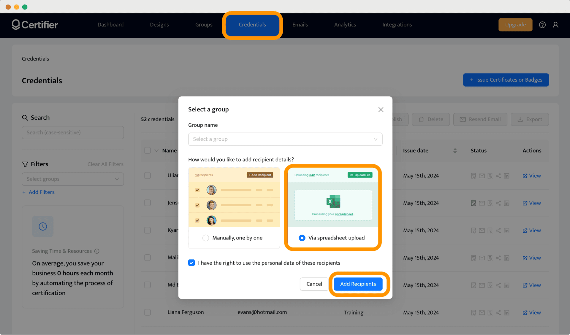 Uploading recipients data to the Certifier dashboard to generate digital credentials in bulk.