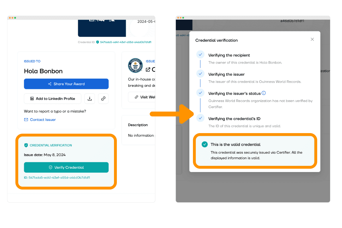 The verification process of the digital credential issued on Certifier.