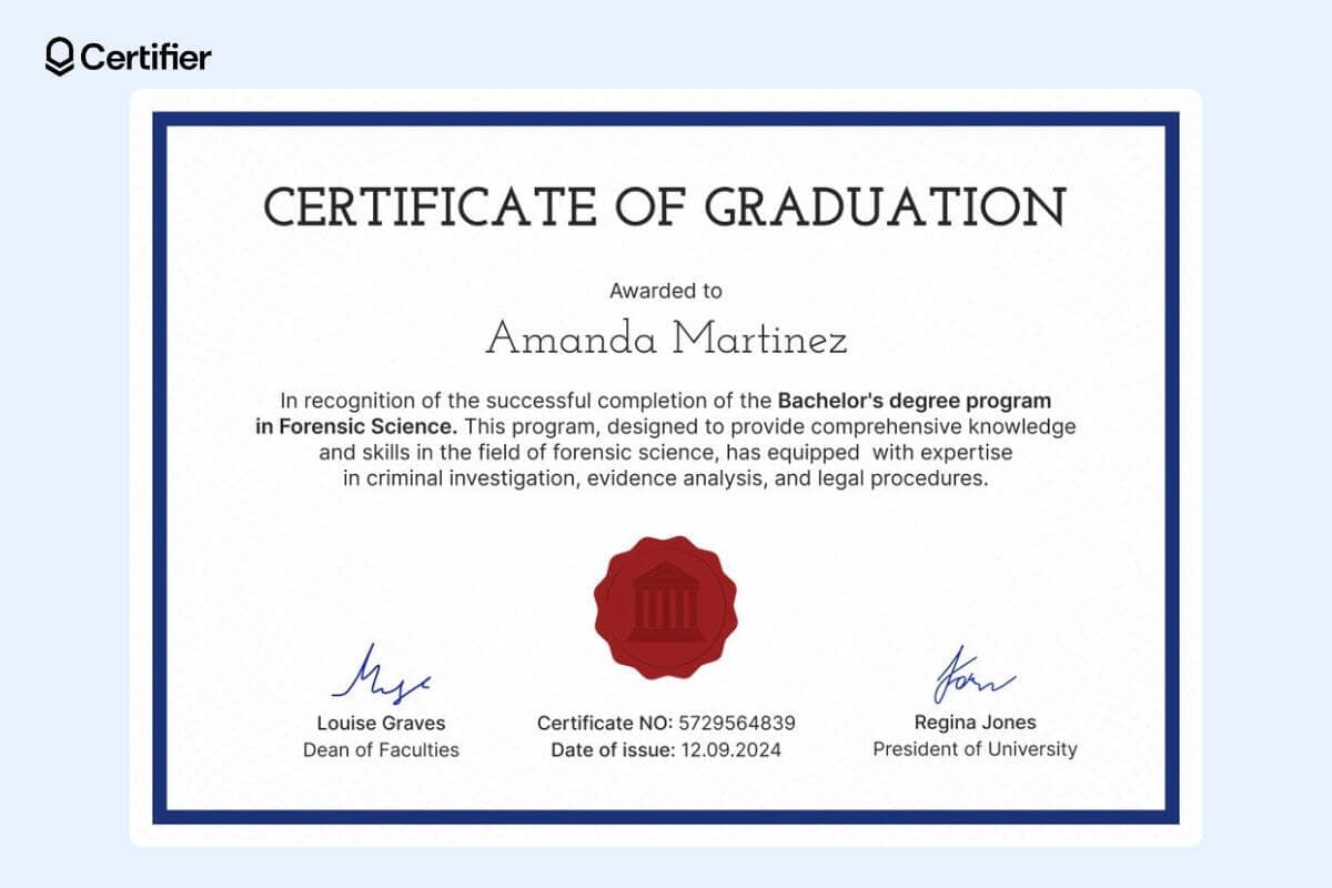 White and blue certificate of graduation template with red badge at the center and dedicated space for achievement details.