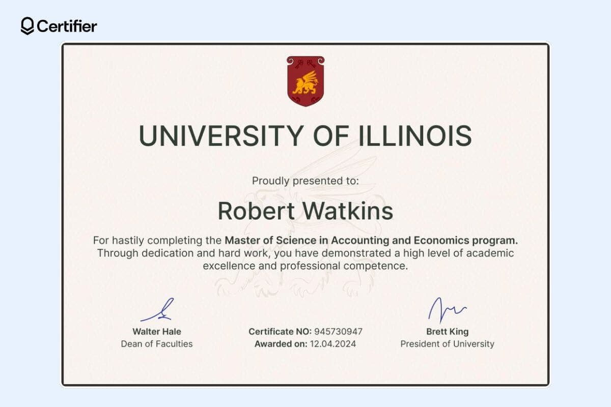 Classic university of Illinois free graduation certificate template with red logo at the top and subtle decorative elements in the background.