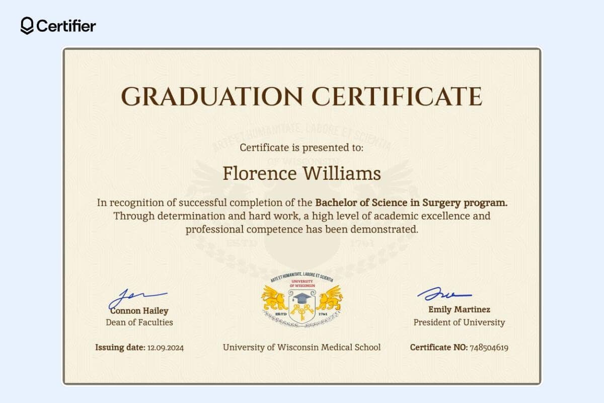 Classy brown graduation certificate template with detailed elements that make it official and authentic.