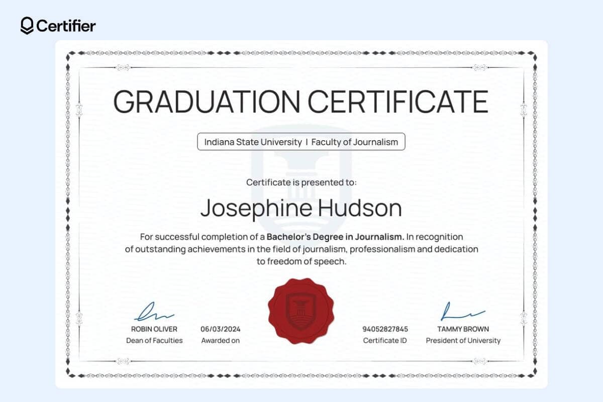 Elegant white graduation certificates free templates with red badge at the middle.