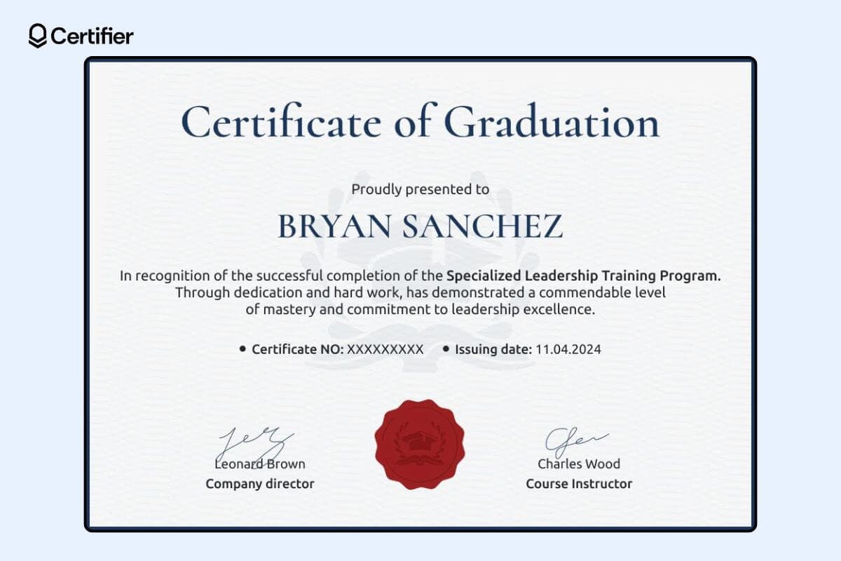 Plain and formal blue certificate of graduation template with red badge and place for signatures and degree details.