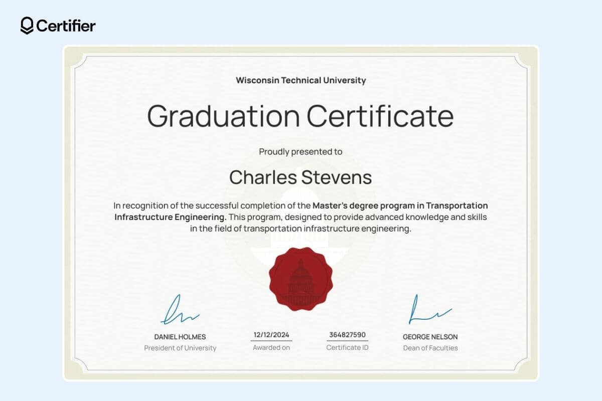 Simple brown graduation certificate template editable with red badge at the center and signatures at the bottom.