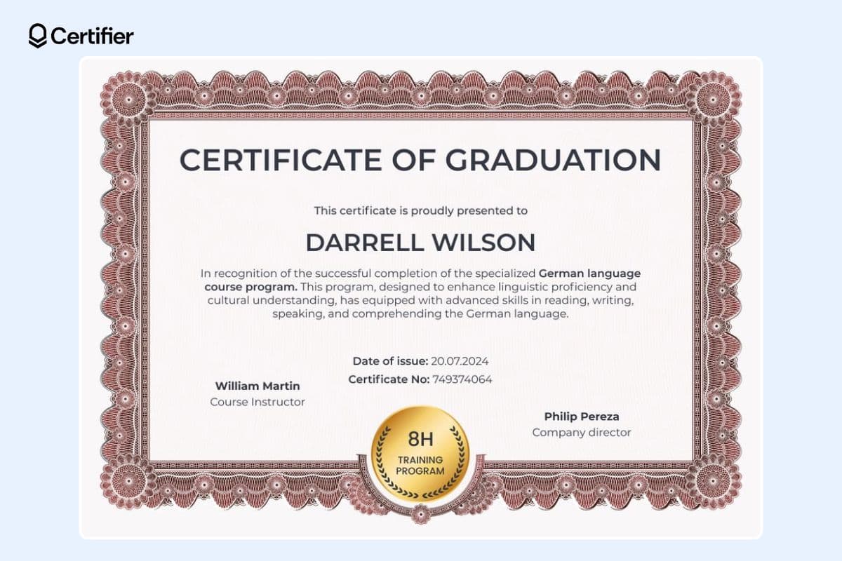 Wide-bordered elaborate certificate of graduation template with golden badge at the center.