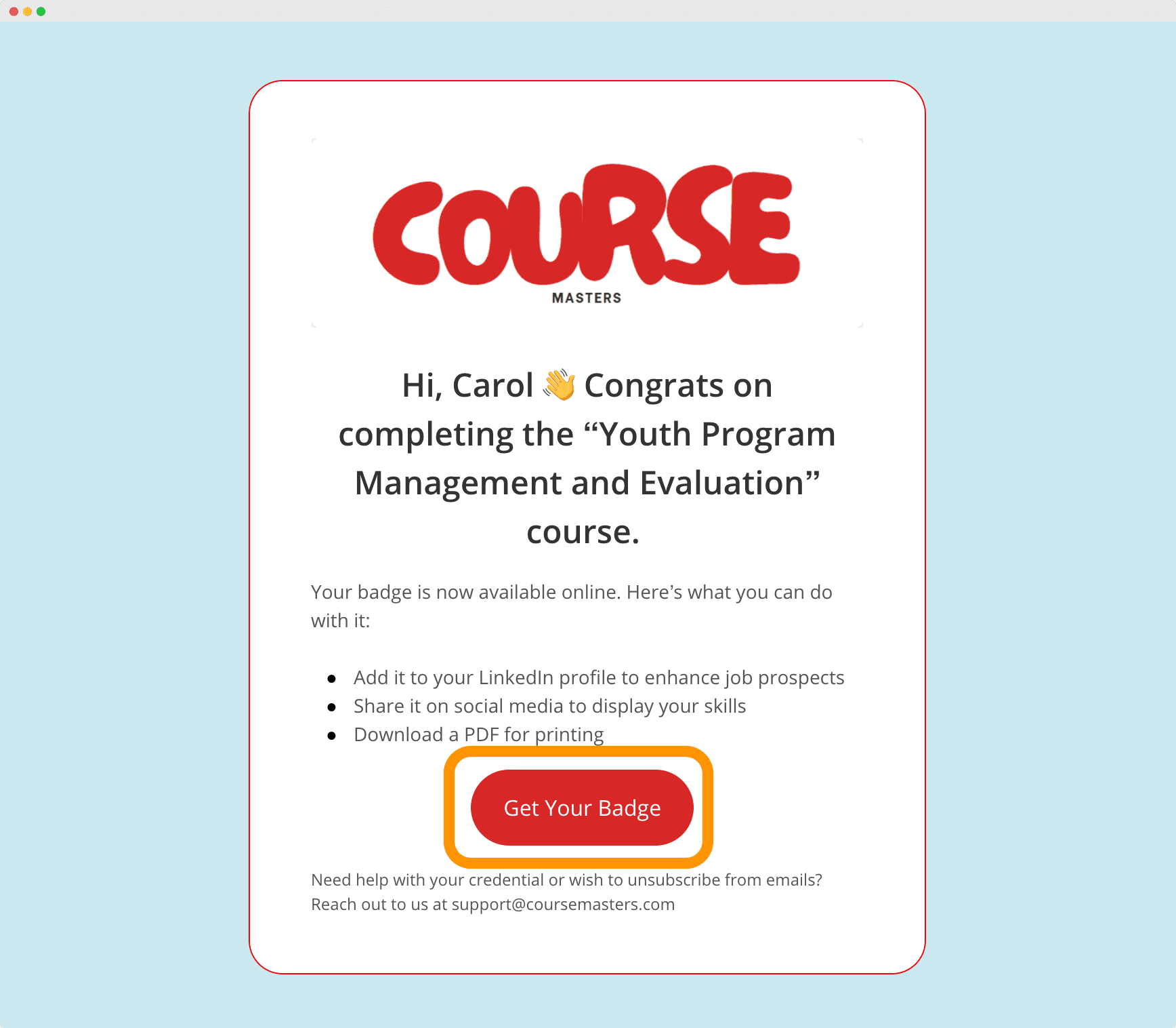 Downloading digital badges via customized email template.
