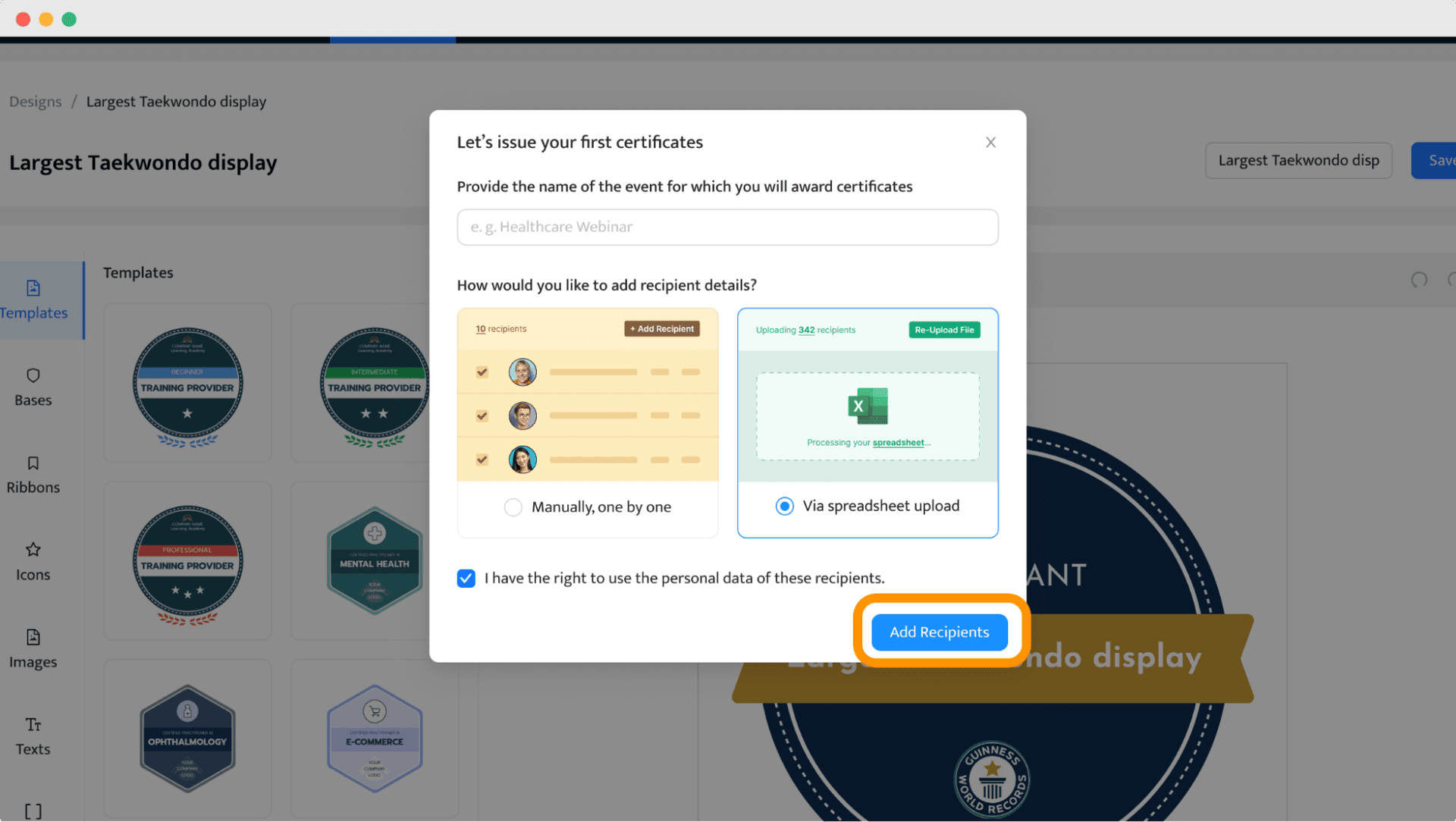 Uploading recipients data to generate digital badges in bulk.