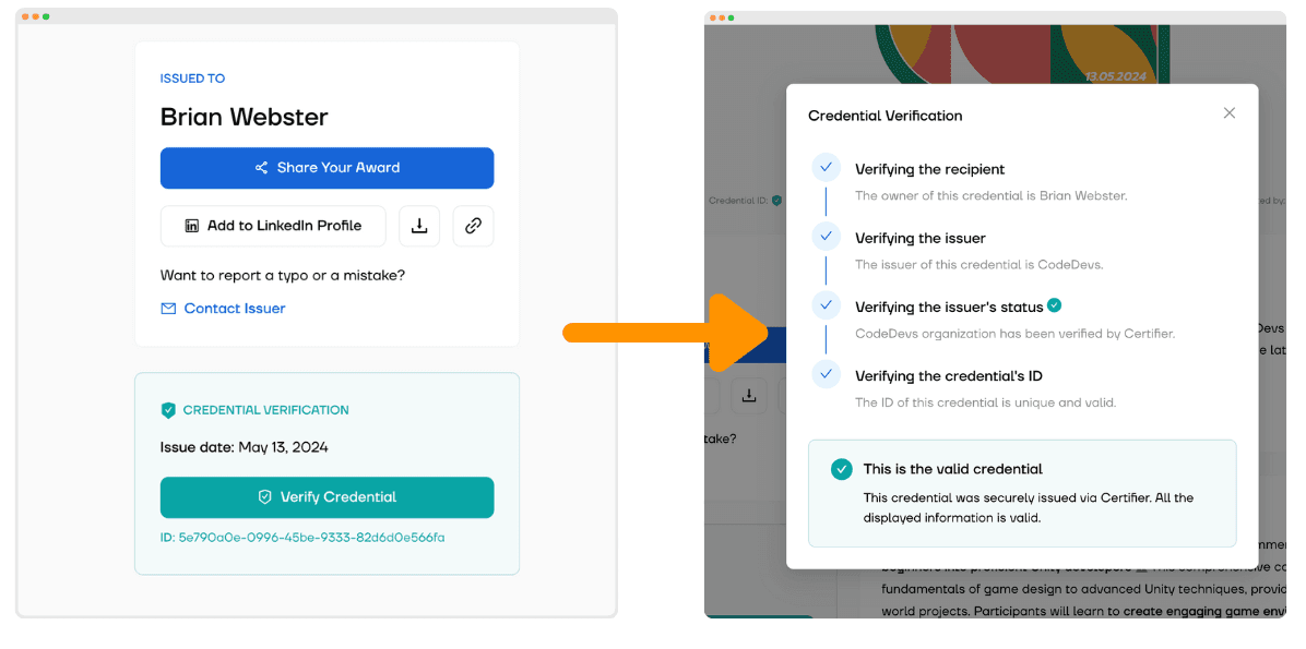 Verifying the digital badge via the Certifier tool.