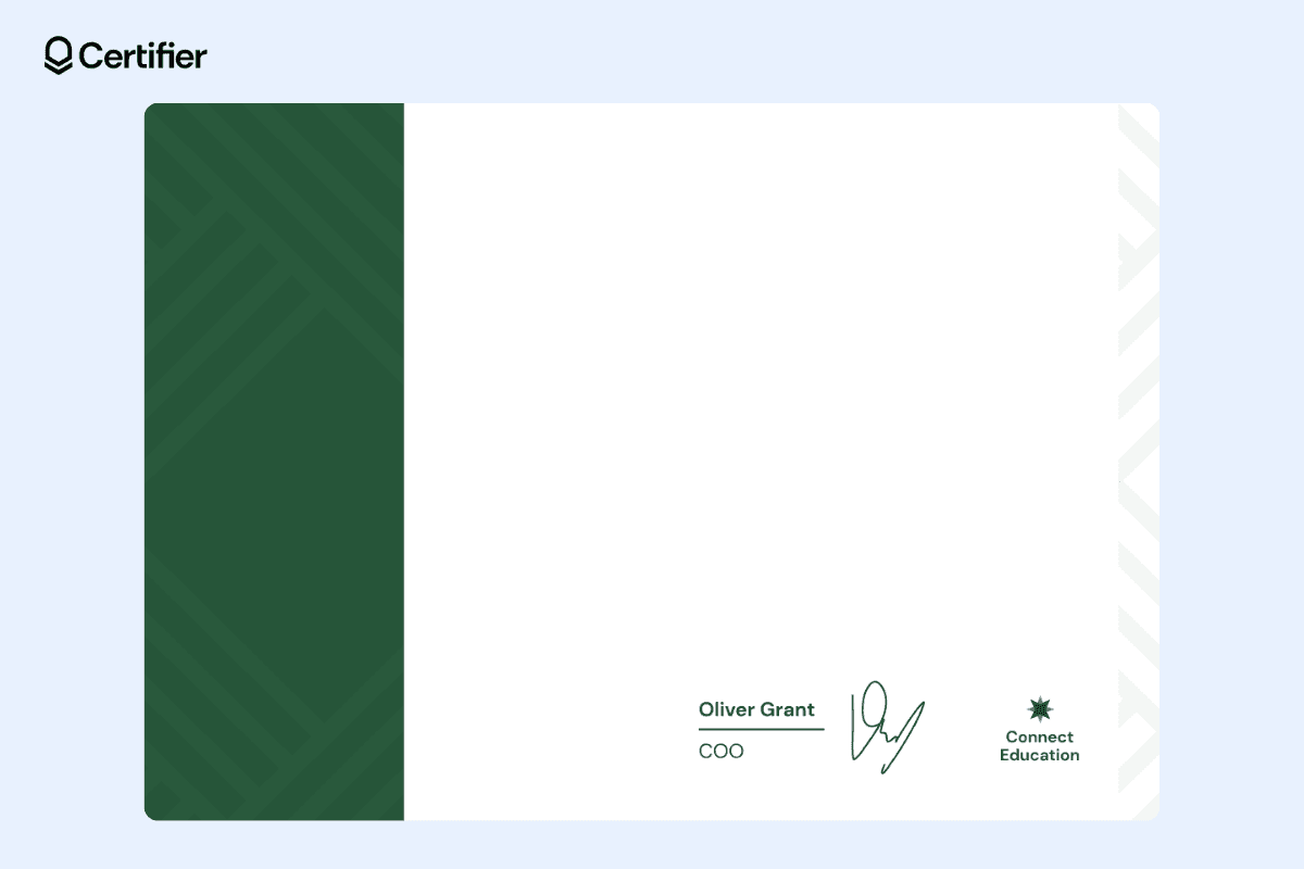 Blank certificate background design editable with green abstract lines on the left and geometric patterns on the right.