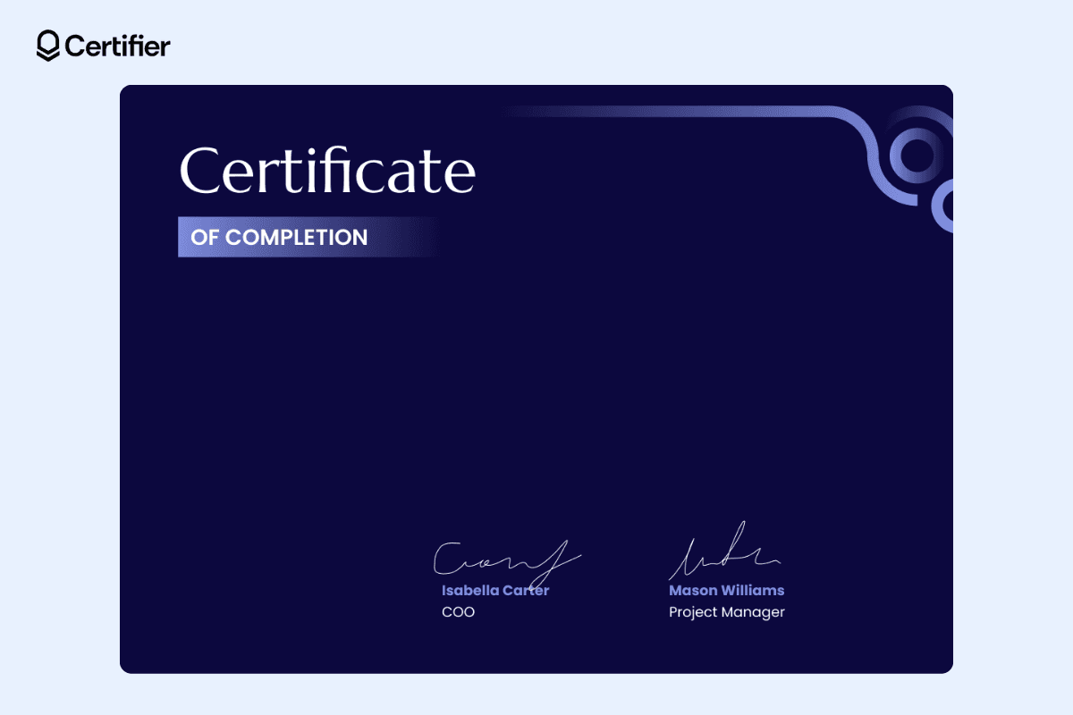 Certificate of appearance template word with a dark blue background and abstract light blue lines in the top right corner.