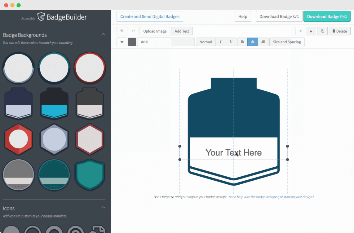 Accredible's BadgeBuilder tool showcasing various badge background options and customization features to design and send digital badges.