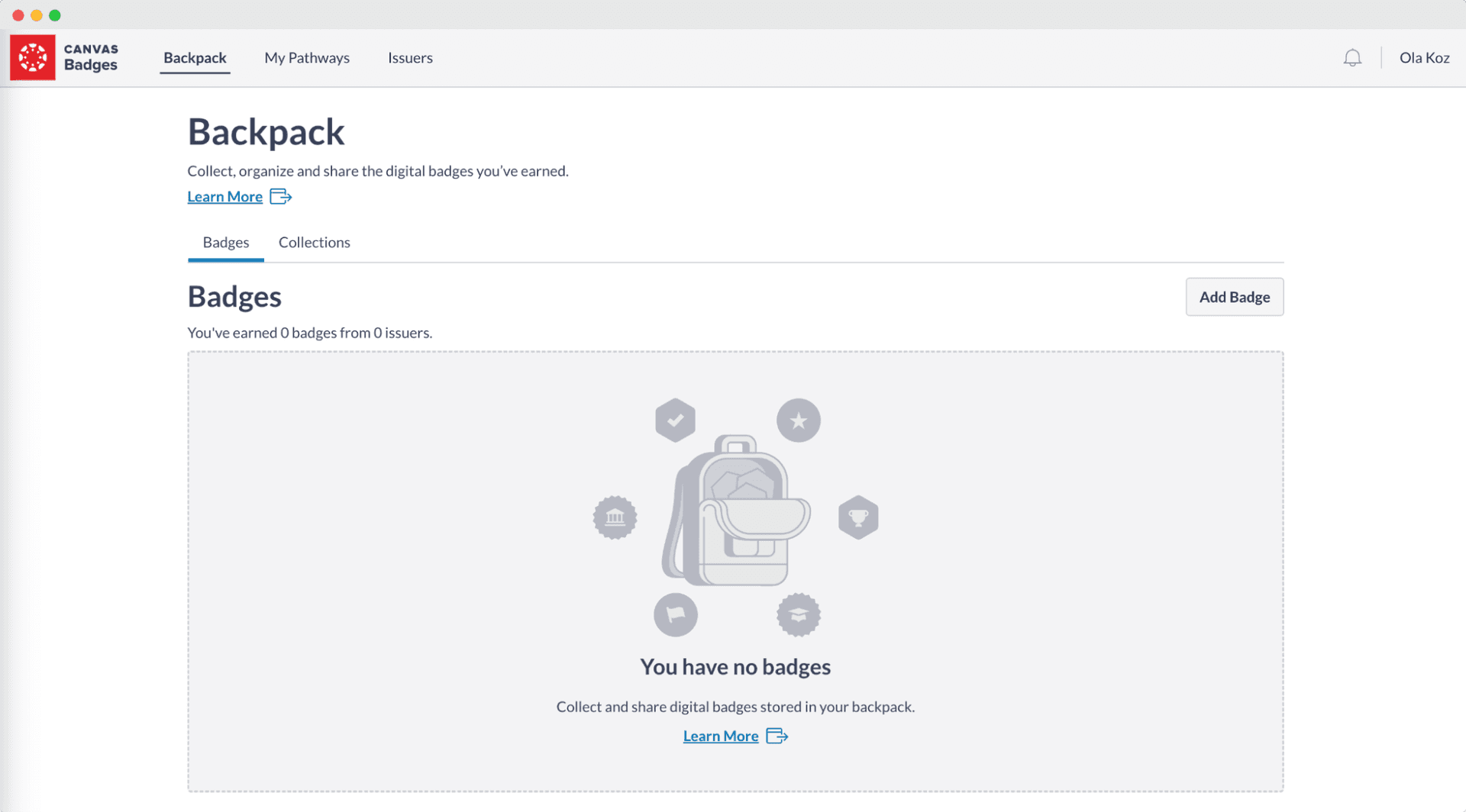 Canvas Badges Backpack interface with no earned badges displayed, offering options to add badges and organize collections.