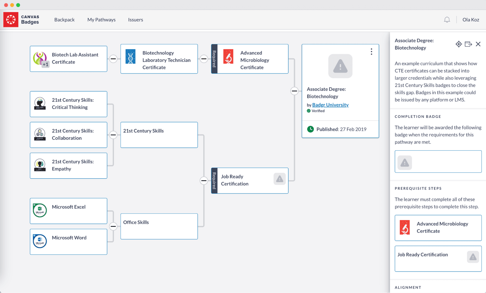 A flowchart called Badgr Pathways in Badgr Canvas displaying the pathway for earning a badge.