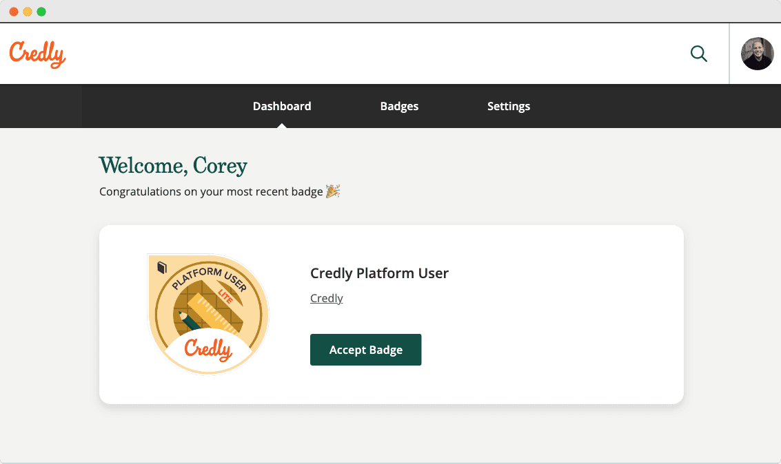 Credly alternative to Badgr and its dashboard showing a welcome message to accept badge.