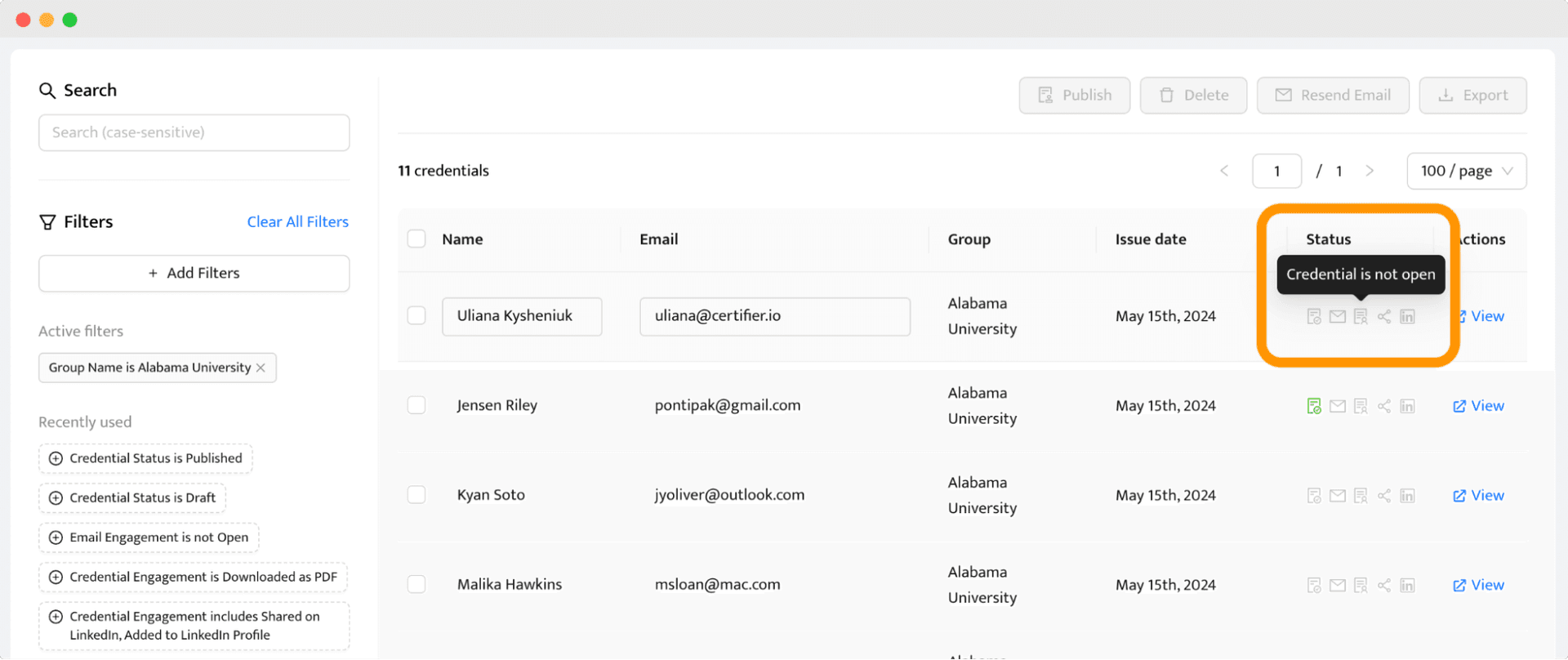 Certifier Badgr alternative and its badge dashboard showing a list of credentials with filters for status and engagement metrics. 