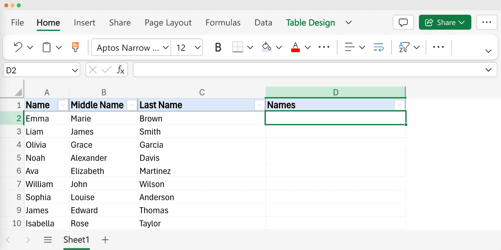 The Excel spreadsheet with the example of how to combine first name middle name and last name in Excel (using formula).