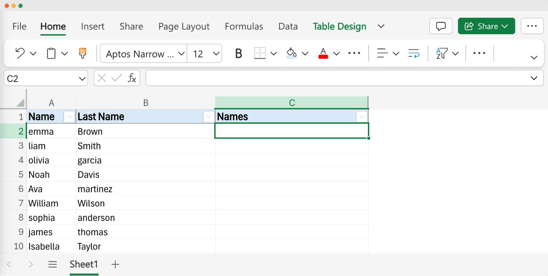 Excel table showing the unprepared data for margin, with different formatting and with a blank column ready to apply the formula.