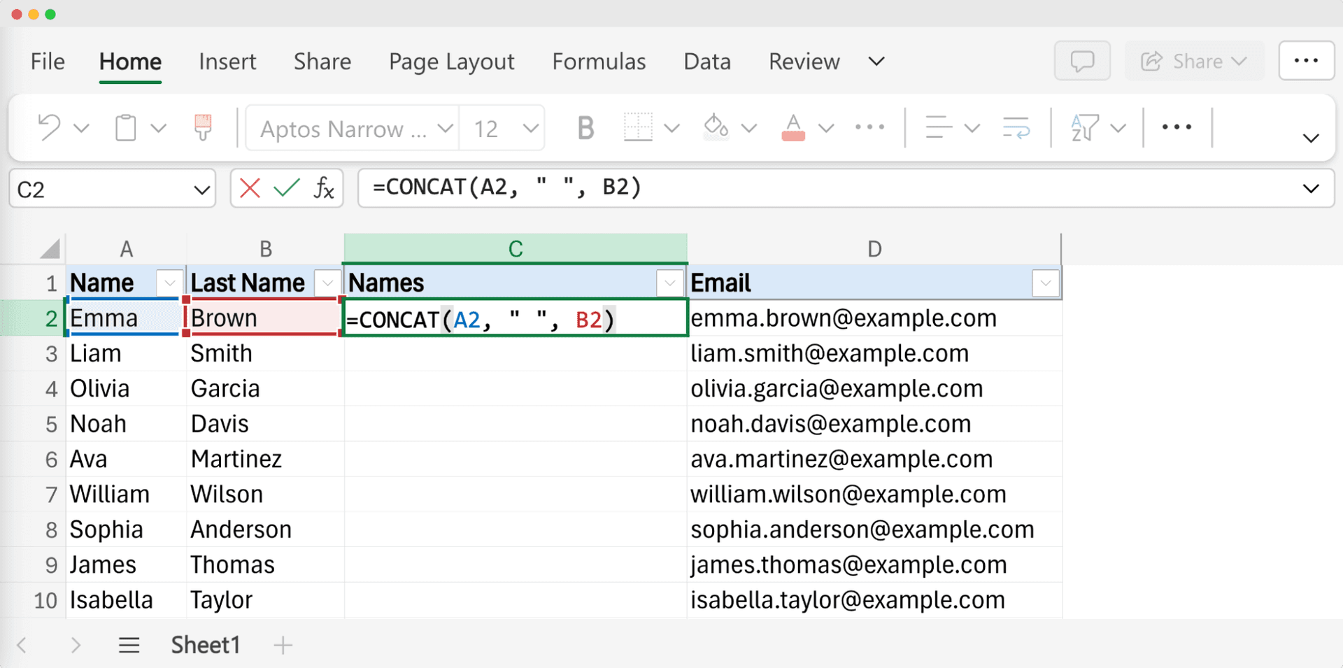 Example showing how to merge first name and last name in Excel using the CONCAT function, with a formula displayed in the Names column.