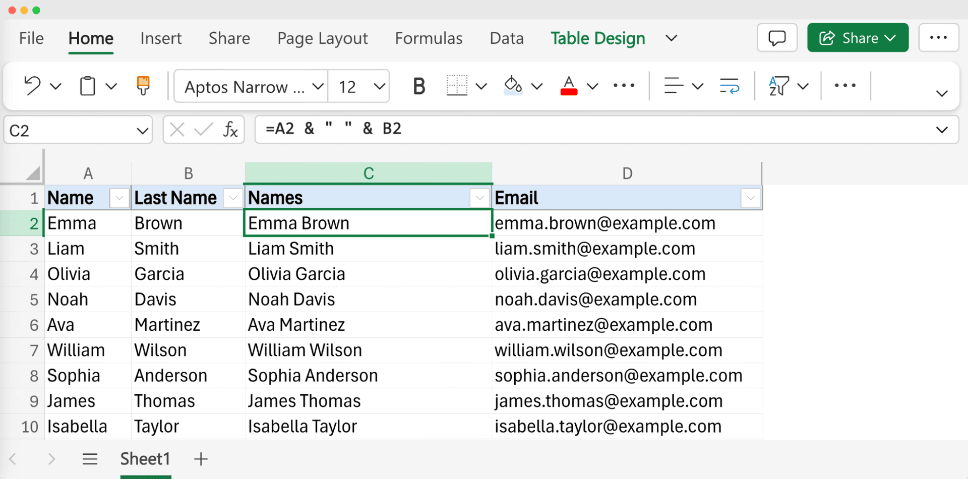 Screenshot showing how to add first name and last name in Excel by using a simple concatenation formula, with the combined names displayed in the Names column.