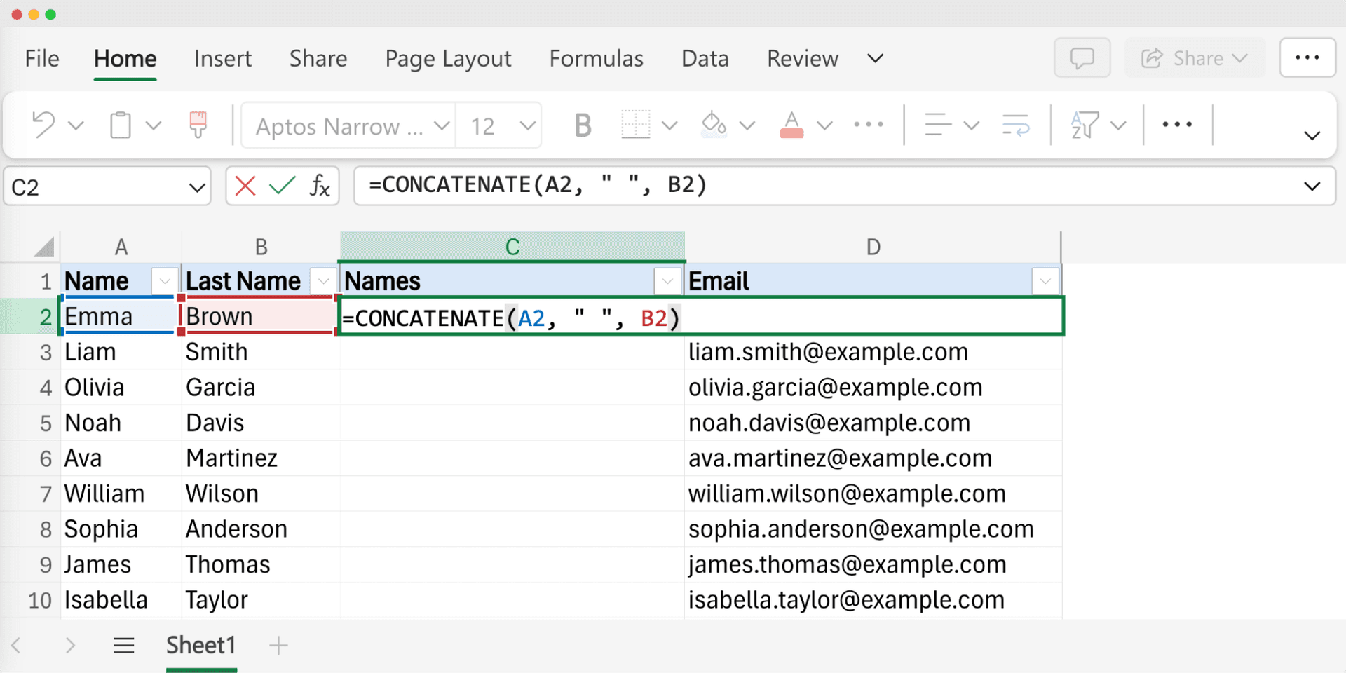 Screenshot demonstrating how to merge first and last name in Excel using the CONCATENATE function, with the formula applied and results shown in the Names column.