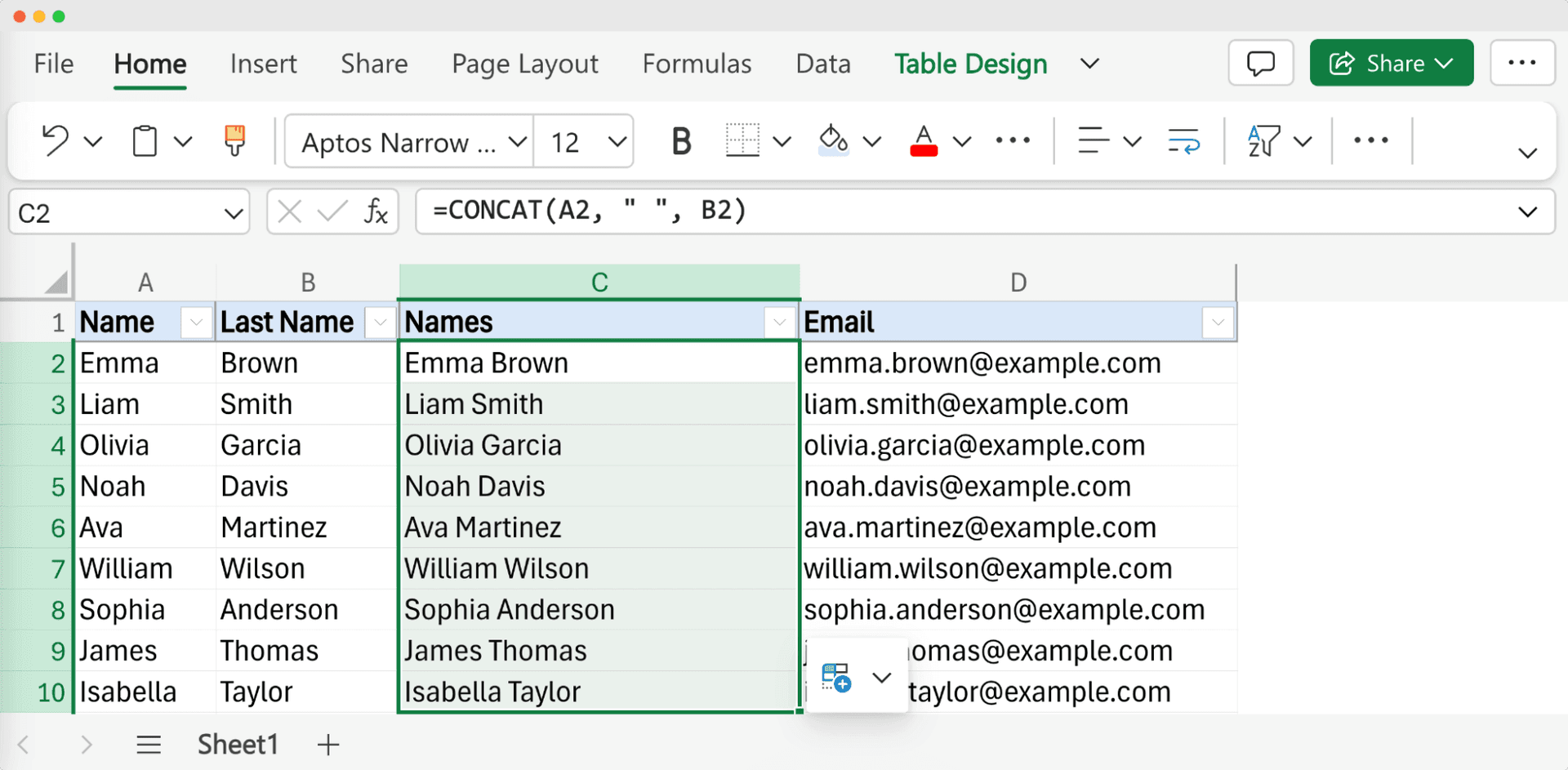 Excel screenshot showing how to merge first name and last name in Excel using the CONCAT function, with a context menu open to paste the values only.