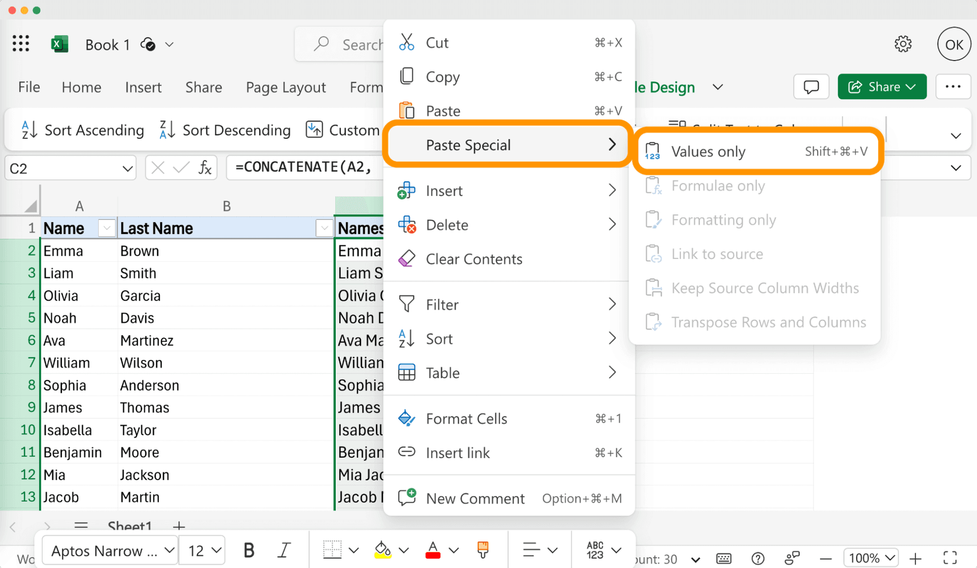  Example of the tip to combine first and last name in Excel and converting formulas to values.