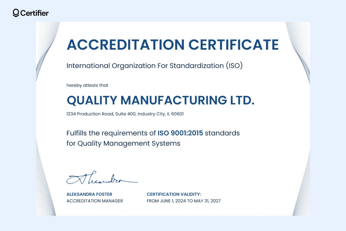 Accreditation certificate sample issued by an international standards organization, including certification validity dates, the company's address, and the accreditation manager's signature.