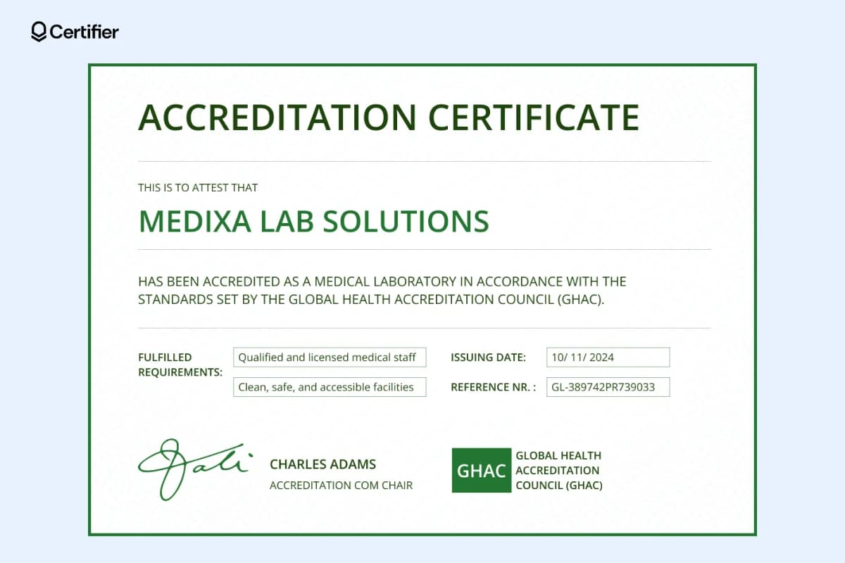 Professional accreditation certificate template awarded to a medical laboratory, confirming compliance with standards set by a global health accreditation council, featuring such elements as qualified medical staff and clean, safe facilities.