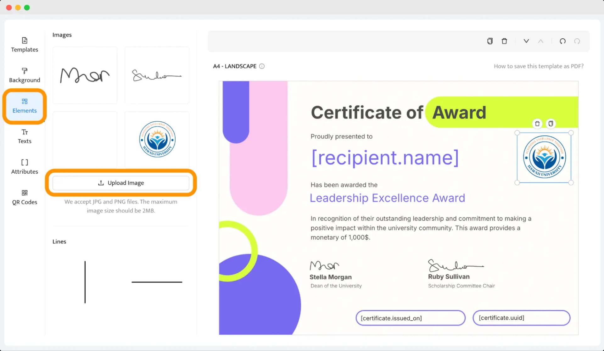 A certificate editor interface with options for adding elements like logos and signatures, showcasing how to make an award certificate using customizable templates.