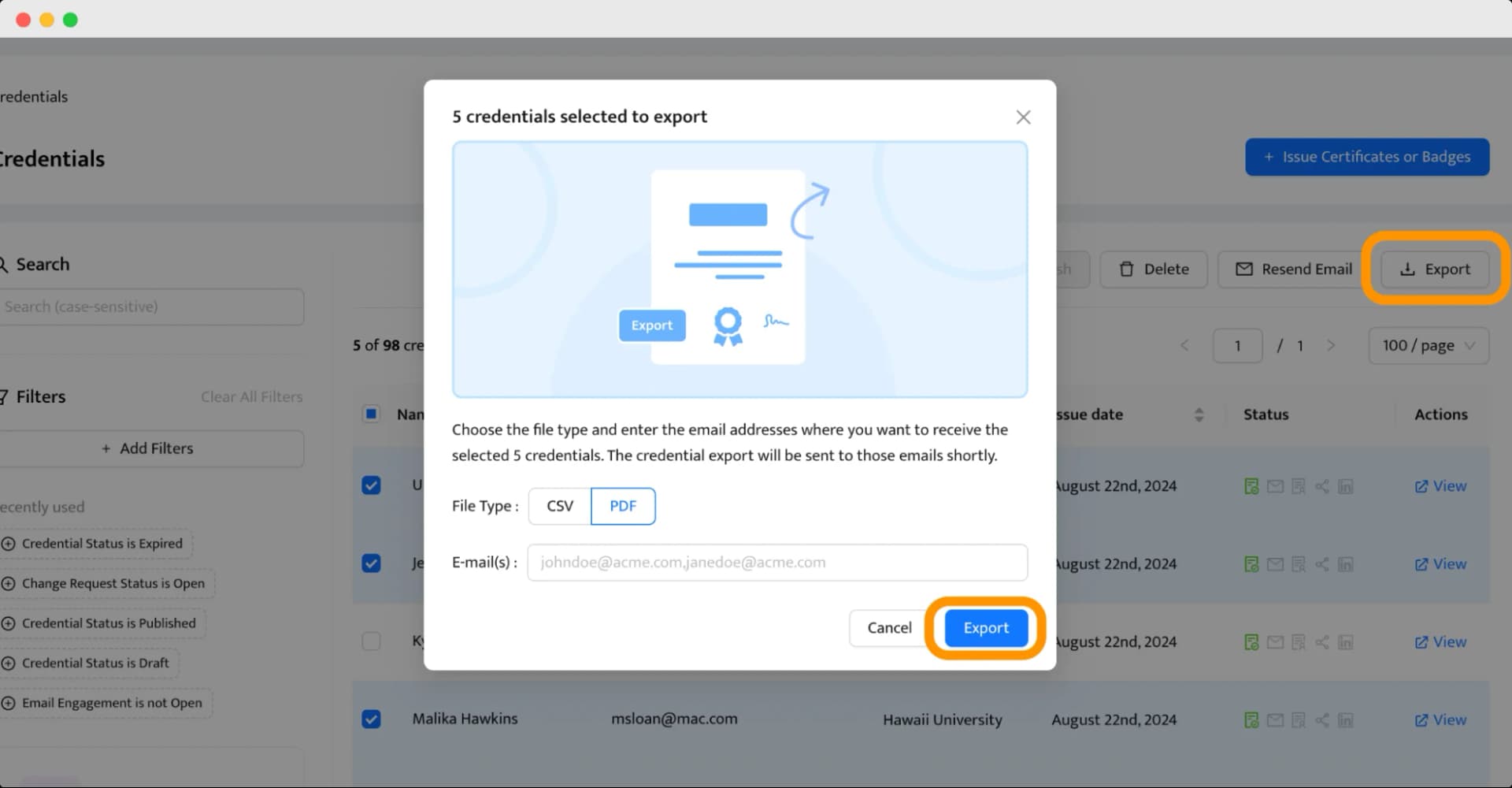 A pop-up window showing the export process of award certificates, with options to choose file type and enter email addresses for delivery.