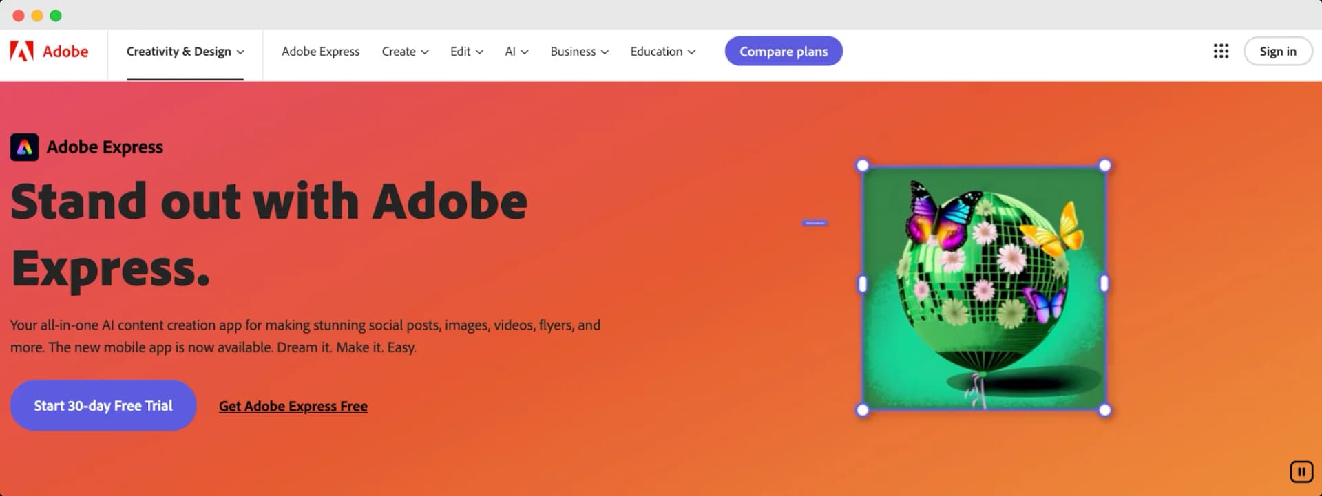 Adobe Express landing page with a colorful graphic of a mirrored globe adorned with flowers and butterflies