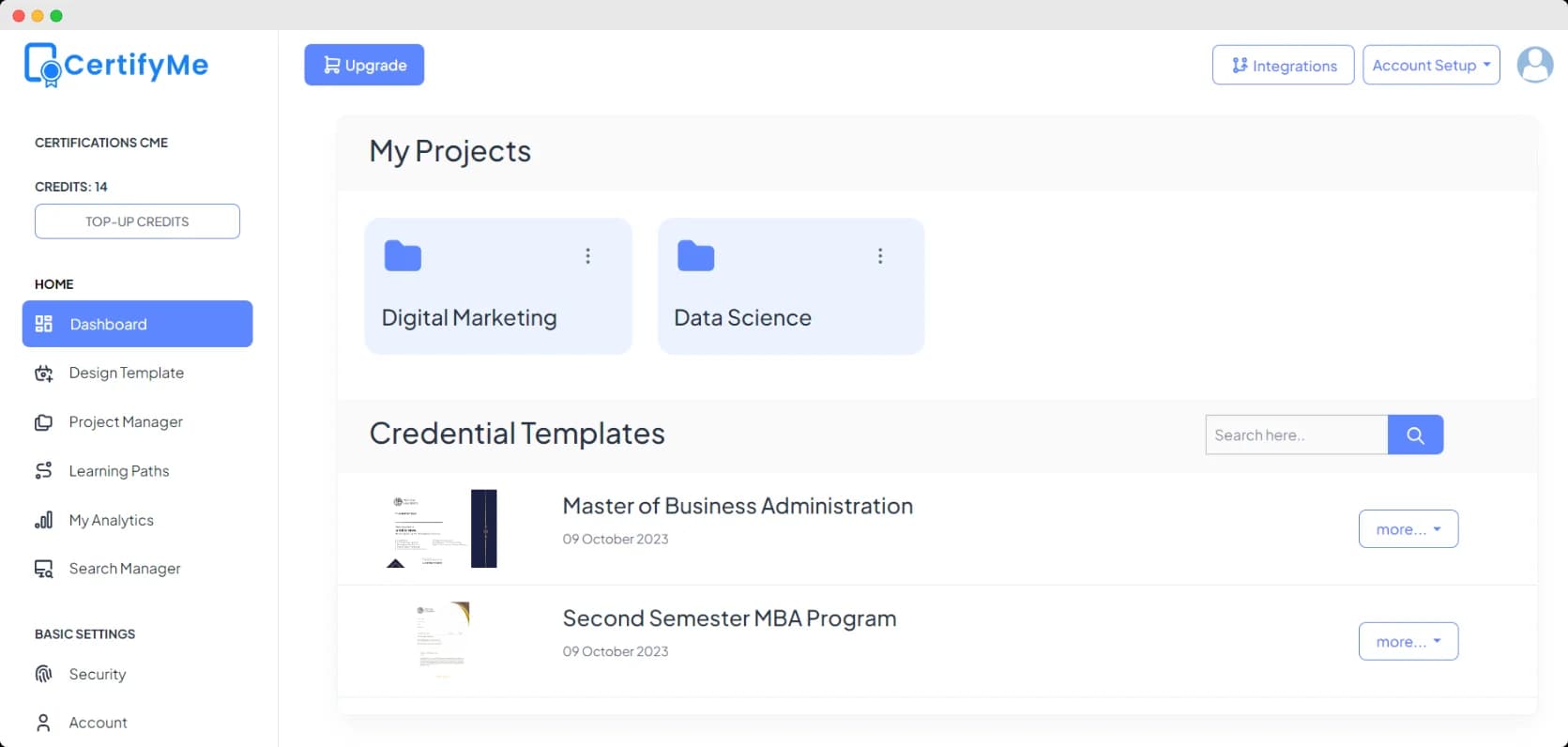 CertifyMe dashboard showing a user interface with a sidebar menu, project folders and credential templates