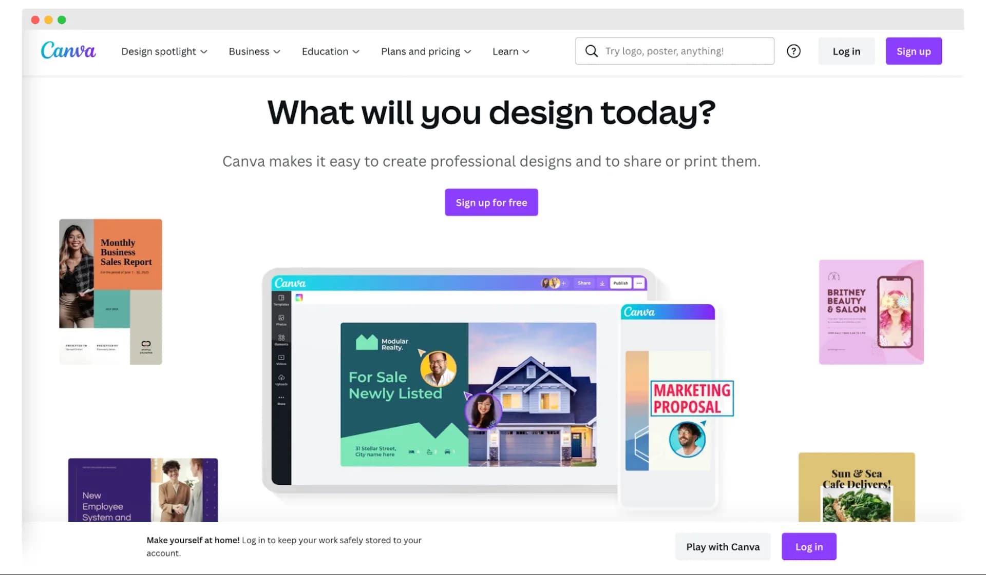 Canva's homepage, showcasing the design platform’s capabilities with examples of projects