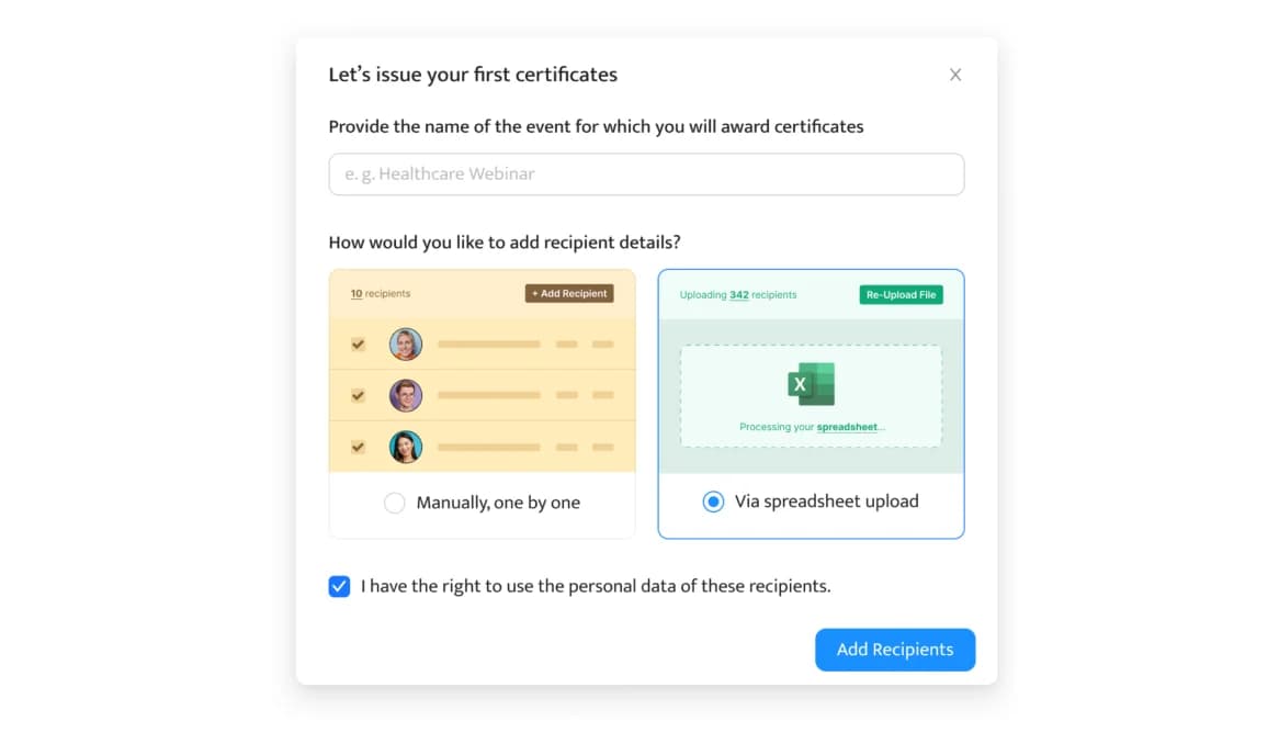 A form for issuing certificates, where users can input the event name and upload recipient details either manually or via a spreadsheet