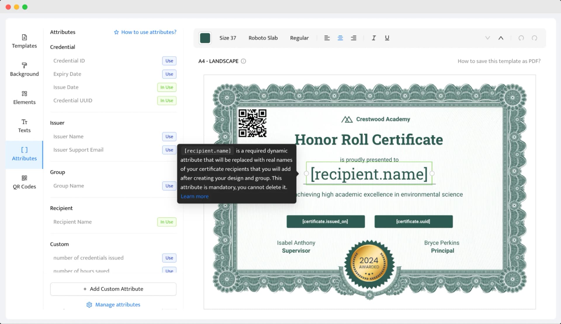 Certifier's template builder that enables to add a QR code on a template